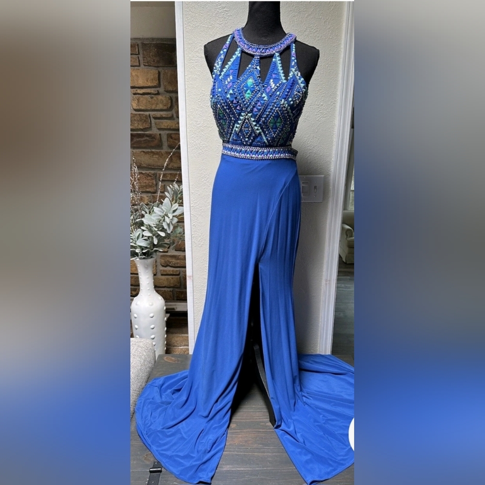 Cassandra Stone Elegant Beaded Blue Gown Sz 2